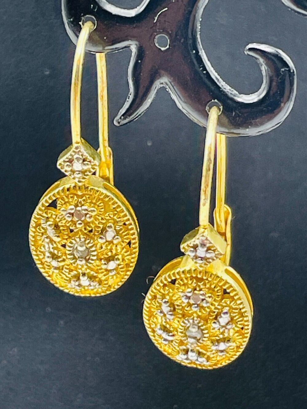 FAS Sterling Silver Leverback Drop Earrings Diamond Accents Yellow Gold Vermeil